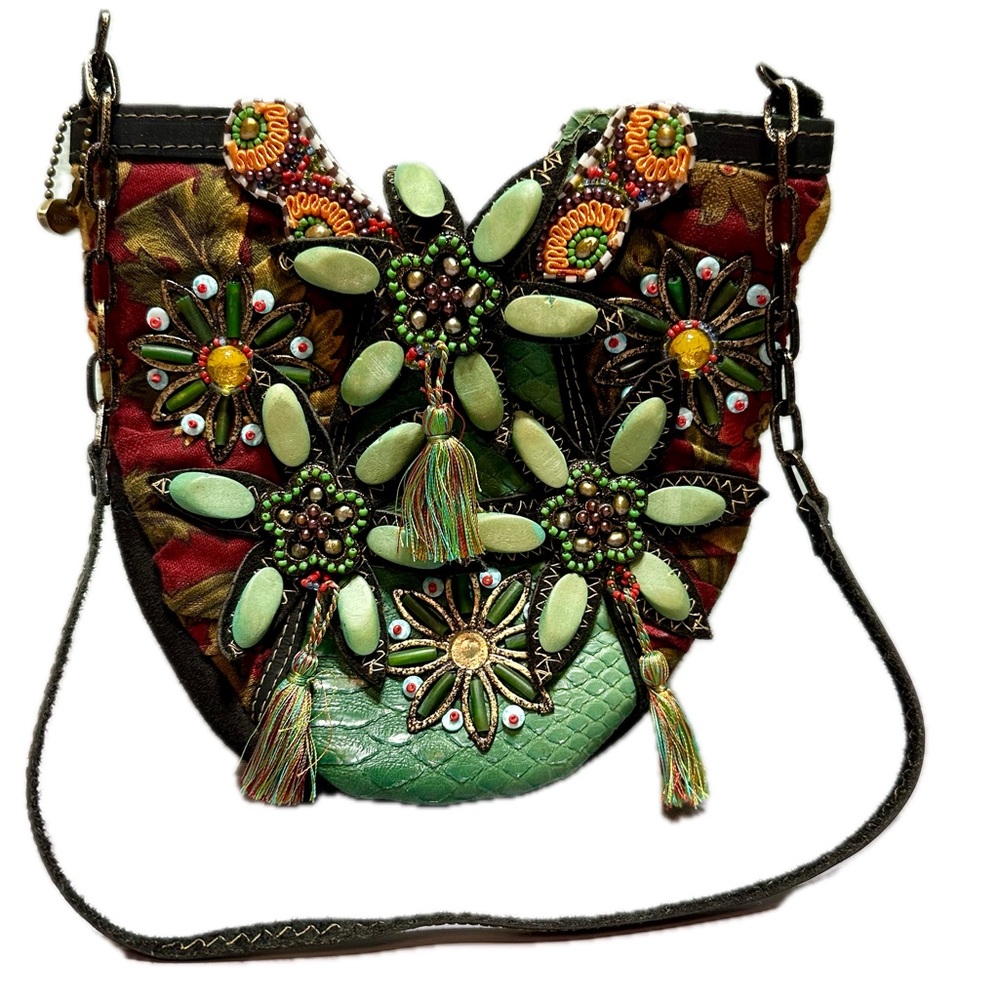 Mary Frances Vintage Turquoise Leather Flower Beaded Tassel Handbag